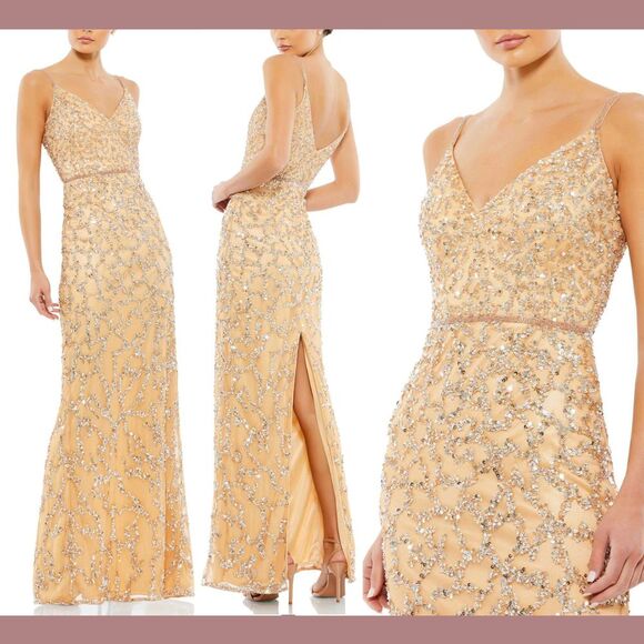 NEW $398 Mac Duggal [ 6 ] Sleeveless V Neck Beaded‎ Column Gown Nude Gold #G1792